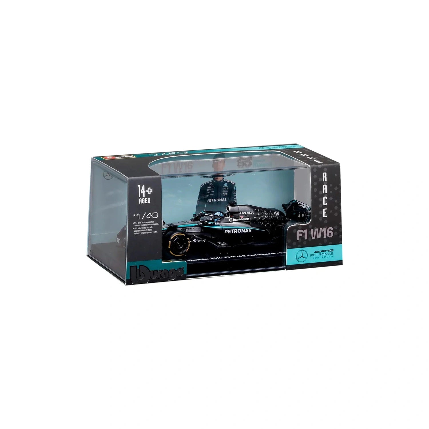 Auto Escala Burago F1 Mercedes-AMG W16 2025 #63 George Russell Caja Acrílica Burago 1:43
