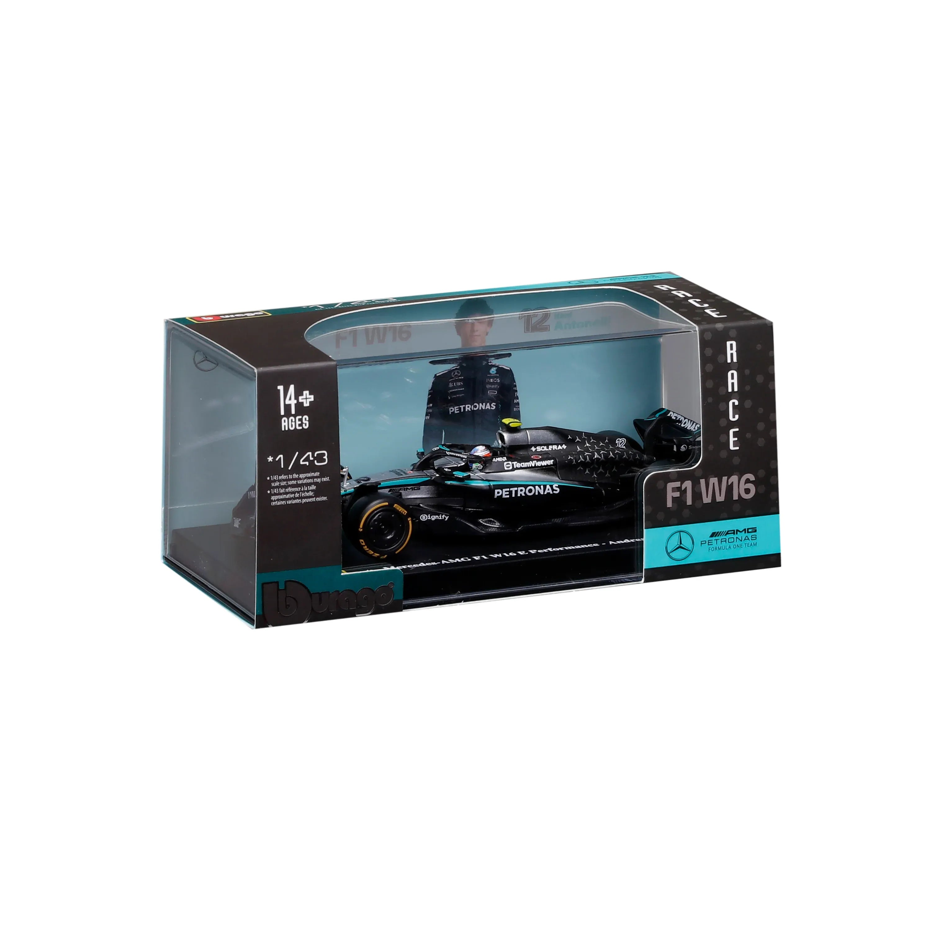 Auto Escala Burago F1 Mercedes-AMG W16 2025 #12 Kimi Antonelli Caja Acrílica Burago 1:43