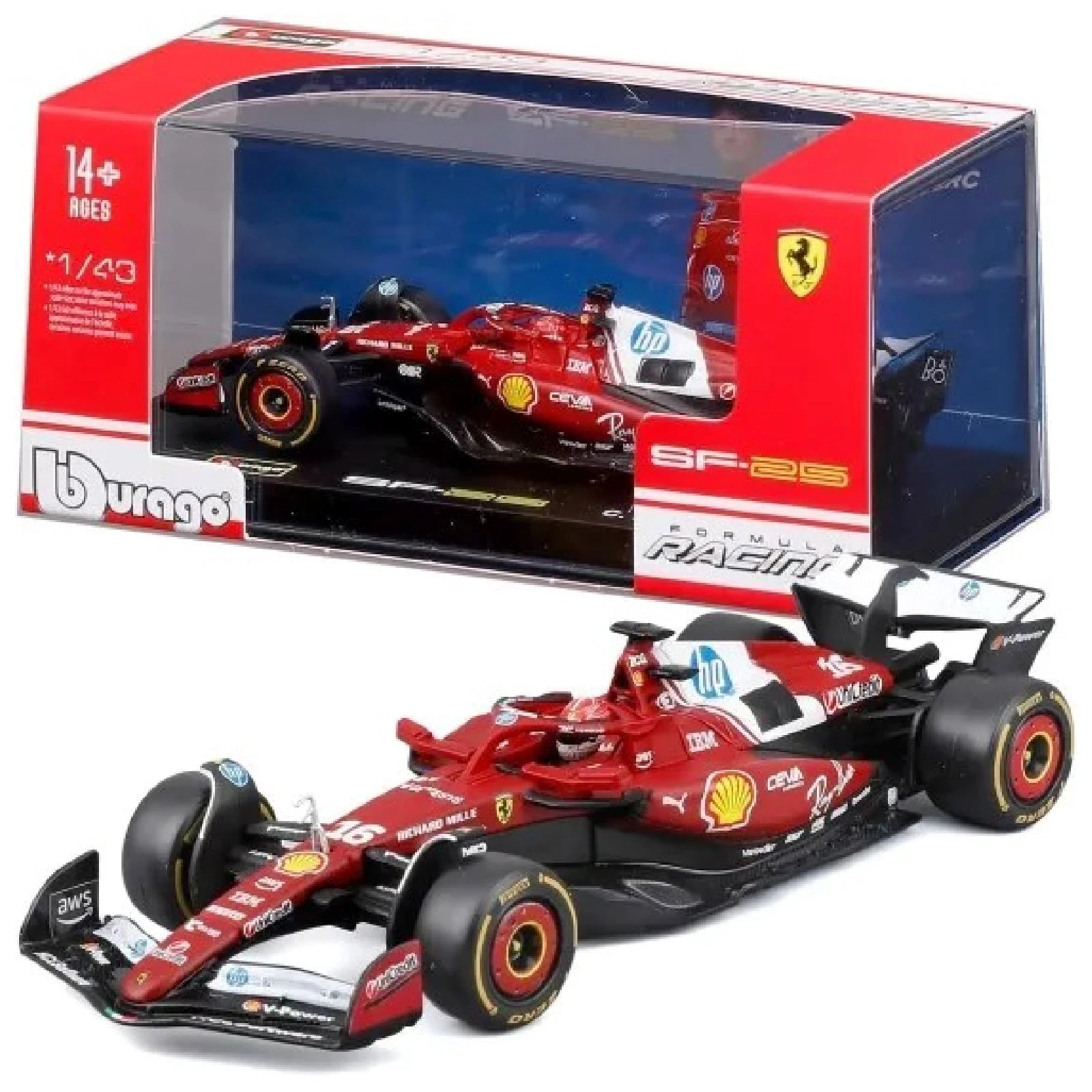 Burago Scale Car Ferrari SF-25 2025 #16 Charles Leclerc Acrylic Box Burago 1:43